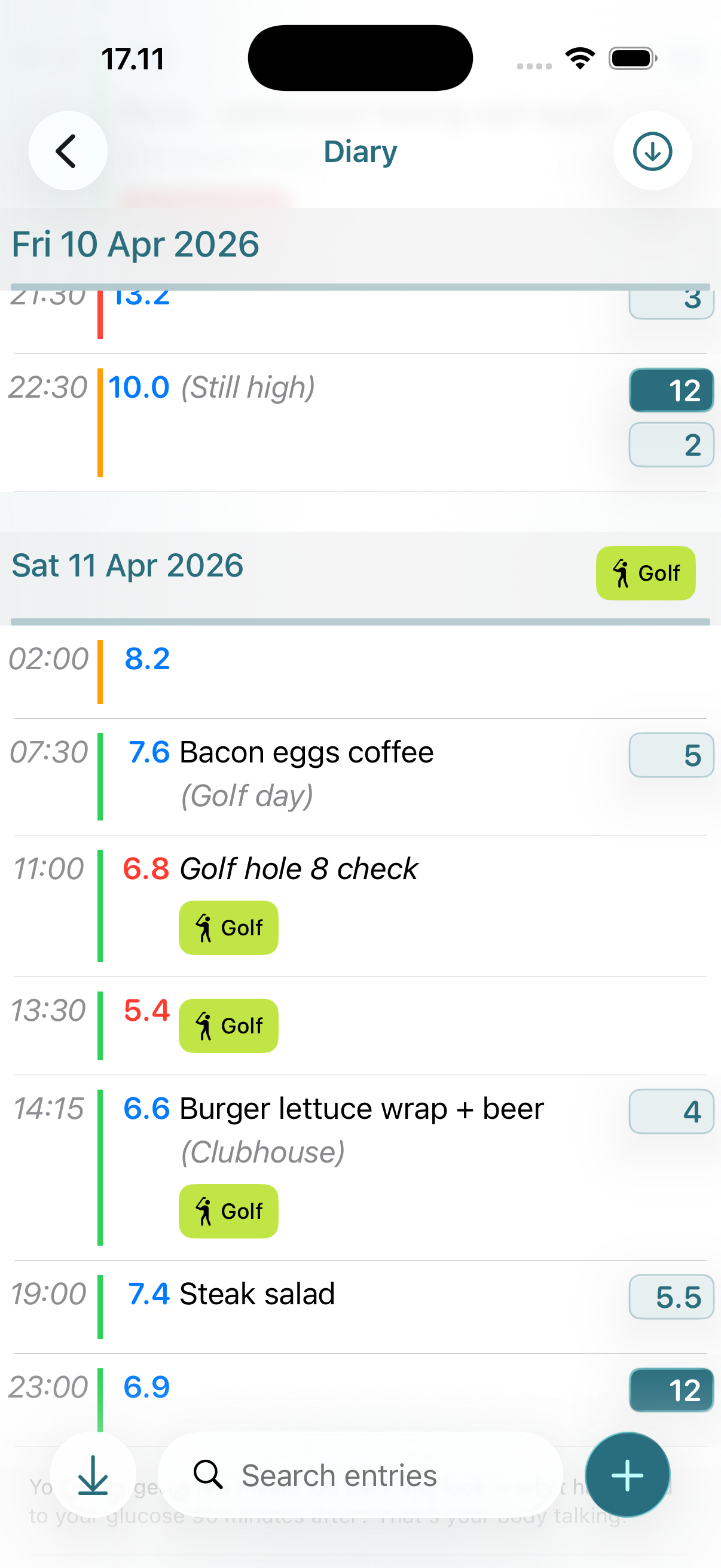 Glysimi diary view showing recent entries at a glance