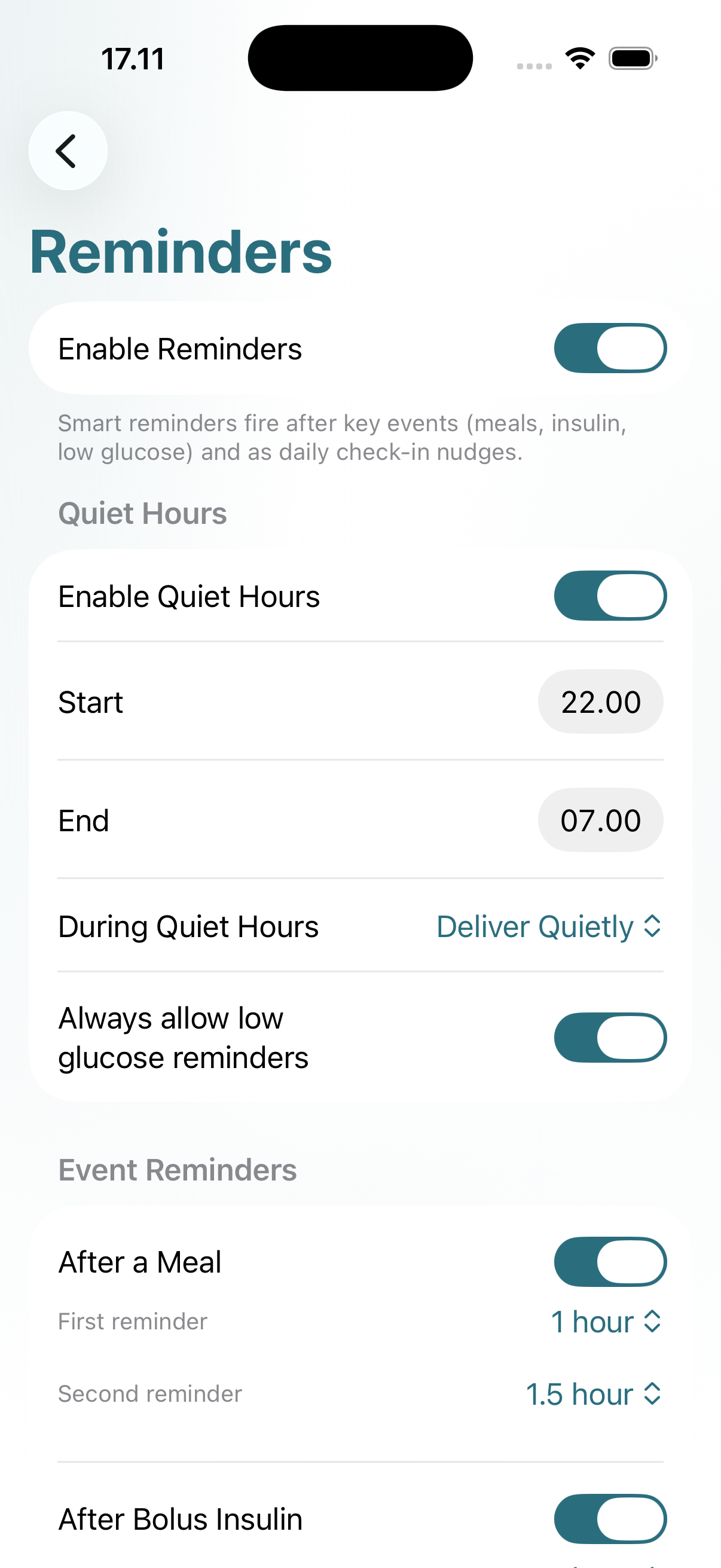 Glysimi reminder settings showing customisable follow-up triggers